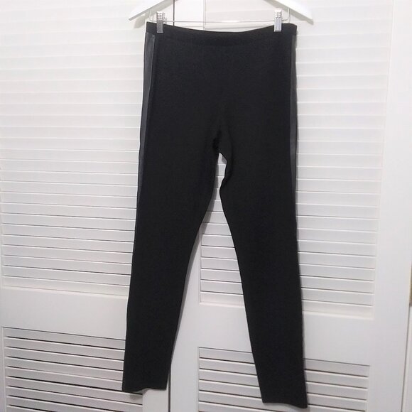 Eileen Fisher Black Pull On Leggings Leather Trim - Picture 2 of 10